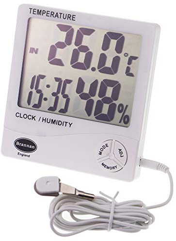 Brannan Jumbo Max Min Thermometer und Hygrometer mit Uhr für den Innen- und Außenbereich, für den Einsatz im Garten, Gewächshaus oder zu Hause, Wandmontage oder Standfuß, Außentemperatursonde