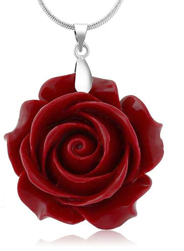 Gem Stone King 35mm Red Simulated Coral Carved Rose Flower Pendant with 16inches+2inches Extender Chain