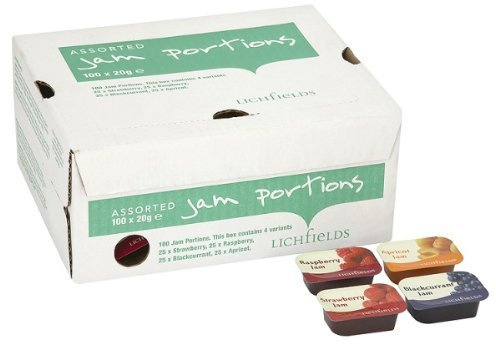 4 x Lichfields 100 Jam Portions Contains 4 Variants 25xStrawberry, 25xRaspberry, 25xBlackcurrant, 25xApricot 20g Each