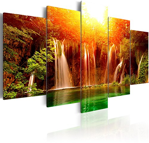 B&D XXL Acrylglasbild Wasserfall 100x50 cm 5 Teilig Wandbild auf Acryl Glasbilder Kunstdruck Moderne Acrylglas Platte Wanddekoration Geschenke Heimdekoration Glasbild Natur Landschaft Wald Sonne
