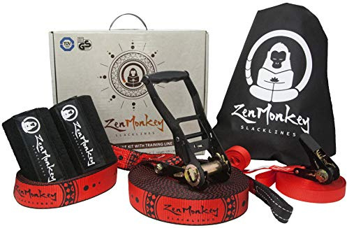 ZenMonkey Slackline Kit con linea di allenamento sopraelevata, allenamento braccio, protezioni per alberi, borsa per il trasporto in tessuto e istruzioni, 15,2 m, facile da installare per la famiglia,