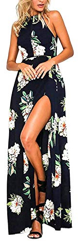 carinacoco Femme Maxi Longue Robe de Plage sans Manche Asymétrique Floral Robe de Soirée Cérémonie Mariage Robe de Bal Bleu XXL