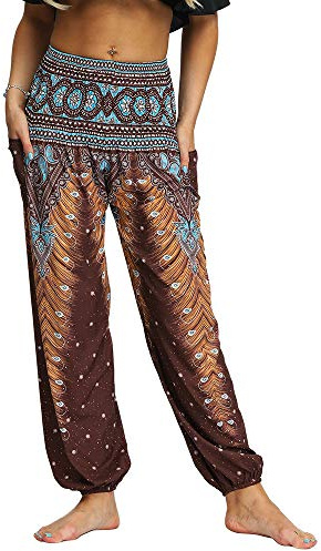 Nuofengkudu hippie haremsbyxor med fickor för kvinnor, yogabyxor, Brun A, En Storlek