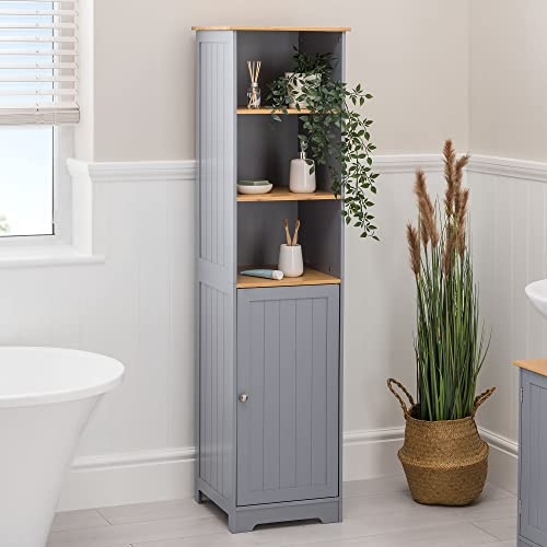 CHRISTOW Bathroom Tallboy Cabinet, Bamboo-Effect Shelves & Top, Grey