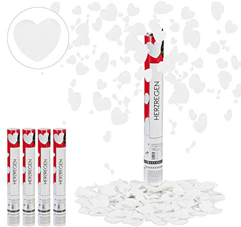 Relaxdays 5X Sparacoriandoli, Cuori, Pioggia Alta 6-8 m, Matrimoni & Fidanzamenti, Coriandoli di Carta, 40 cm, Bianco