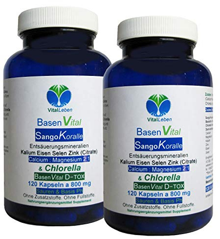 SANGO Meereskoralle & CHLORELLA 240 (2x120) Natur BASEN Pulver Kapseln [Calcium + Magnesium 2:1] + Eisen + Kalium + Selen für Säure Basen Balance [OHNE Zusatzstoffe] 26755-2