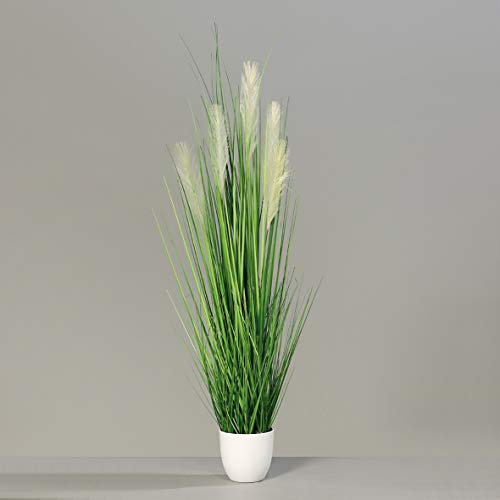 Seidenblumen Roß Pampasgras im weißen Dekotopf DP Dekogras Kunstgras künstliches Gras Kunstpflanzen (120cm)