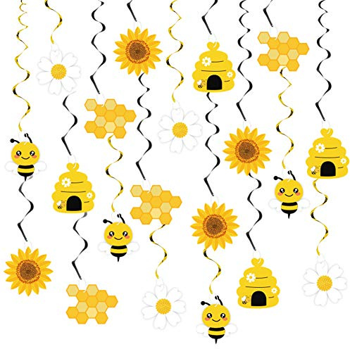 20PCS Bumble Bee Hanging Swirl Decorations, Bee Party Hanging Swirls Foil Ceiling Streamers Honey Bee Themed Party Supplies for Kids Birthday Baby Shower Gender Reveal Bee Party Decoration