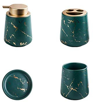 Badezimmer-Zubehör-Set – 4-teiliges Keramik-Set mit dunkelgrünem Marmor-Effekt, Seifenspender, Zahnbürstenhalter, Becher, Seifenschale