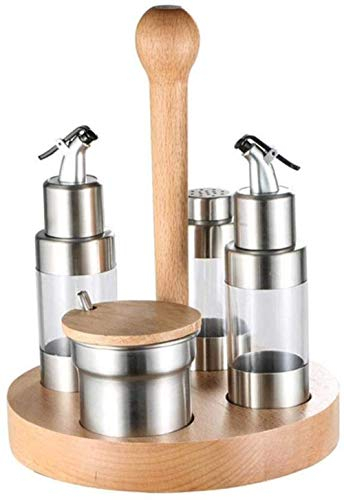 4 Pieces Ceramic Condiment Cruet Set, Stainless Steel Oil and Vinegar Dispenser Bottles, Salt and Pepper Shakers Seasoning Wooden Server Holder