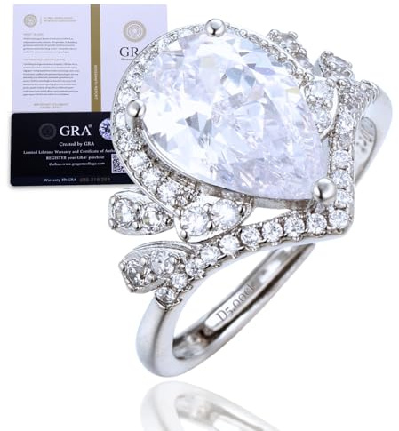 Halukakah Damenring mit D5,0 ct Moissanit aus Platiniertem 925er Silber mit Zertifikat,Birnenförmigem Ätherischen Labordiamanten im Brautset mit Krappenfassung,für Verlobung,Hochzeit,Größenverstellbar