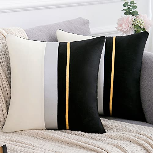 Serento Samt Sofakissen Dekokissen mit Schwarz Weicher Stoff Moderner Minimalismus Streifen Kissenhülle mit Gold Gestreiften für Sofa Auto Couch Stuhl Wohnzimmer Garten,2 Stücke,50 * 50cm