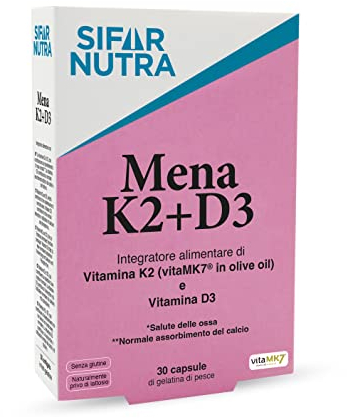 Sifar Nutra Mena K2+D3 | Vitamina K2 (Menachinone-7 in olio d'oliva) | Vitamina D3 | VitaMK7 | Integratore per le ossa, i denti, i muscoli | Assorbimento del calcio| Senza glutine e lattosio