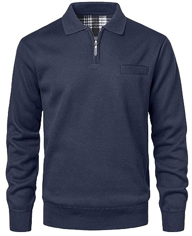 Yukirtiq Pull Polaire pour Homme Manches Longues Sweat Pull À Col Polo avec Fermeture Eclair sous-Pull zippé Polaire Pullover en Tricoté d'hiver avec Poche, Bleu, M