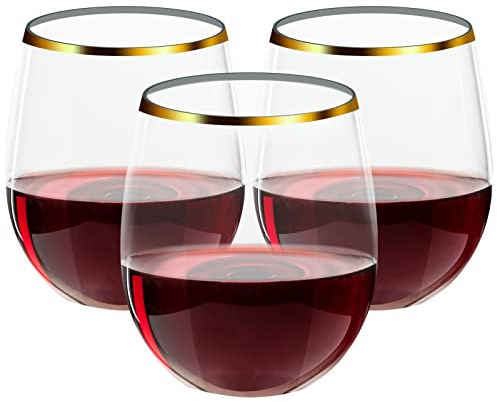 FOCUSLINE Paquete de 32 copas de vino de plástico con borde dorado, sin tallo, 12 onzas, copas de vino desechables, reutilizables de plástico para fiestas, bodas, inastillables, reciclables y sin BPA
