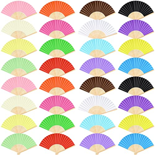 FEPITO 32 Pieces Handheld Paper Fan Paper Folding Fans with Bamboos for Wedding Gift, Party, Home, Multicolor | Paper Folding Fans with Bamboos for Wedding Gift, Party, Home