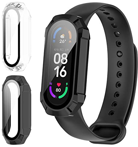 GEJEFA Funda para Xiaomi Mi Band 7 + Cristal Templado, [2-Piezas] PC Case y Integrados Vidrio Protector de Pantalla para Xiaomi Smart Band 7, Transparente+Negro