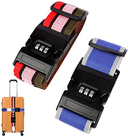 Sunallwell 2 Pack Luggage Straps with Locks Suitcase Straps Travel Accessories Luggage Belt Non Slip Adjustable Case Straps with Luggage Labels Bag Straps for Travel Bag Luggage Briefcase