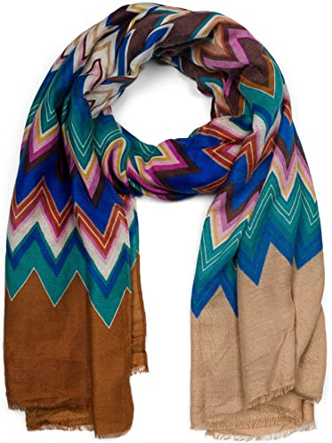 styleBREAKER Damen Schal Zick-Zack Muster Fransen | 180x86 cm großes Format, weiches Gewebe für den Winter, vielseitig als warme Schulter-Stola drapierbar, buntes Zacken-Design.