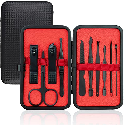 AOOWU Set Tagliaunghie Professionale, 10 Pezzi Kit Manicure con Box, Strumenti per Manicure e Pedicure (Nero)
