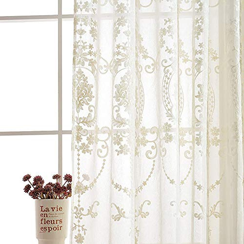 SLOW SOUL 2er Set europäische Klassische Vorhänge Gardinen für Wohnzimmer Schlafzimmer mit Ösen durchsichtig, Bestickt Fenstervorhänge weiß, 137 x 175 cm (B x H)