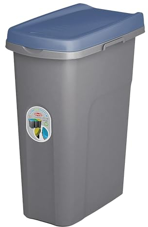 Home Centre Plastic Lift Top Lid Waste Bin Kitchen School 15 Litre Blue-Grey Slim Recycling General Trash & Storage Recycled Rubbish Organiser Container Dustbin Sturdy Quality Made in Italy