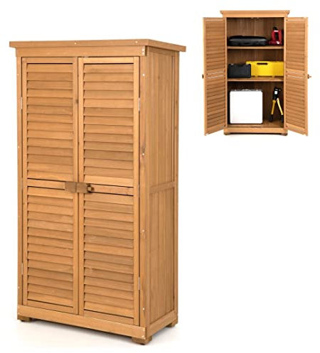 GiantexUK Wooden Garden Shed, Outdoor Tool Storage Cabinet with 3 Removable Shelves, Weatherproof Asphalt Roof and Adjustable Foot Pads, Lockable Double Doors Tall Vertical Organizer Natural