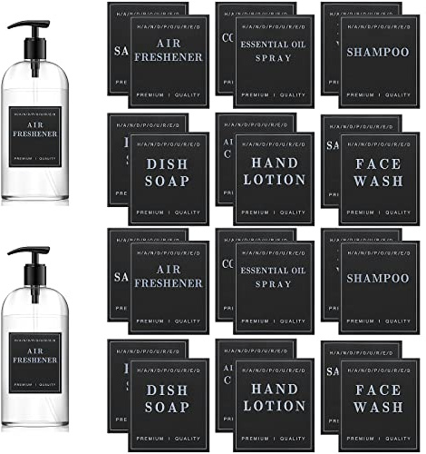 Lot de 24 étiquettes imperméables pour Bouteilles, Distributeur de Savon pour Les Mains, shampooing et après-shampoing, étiquettes Amovibles pour Bouteilles de Savon, de Lotion,(Noir)