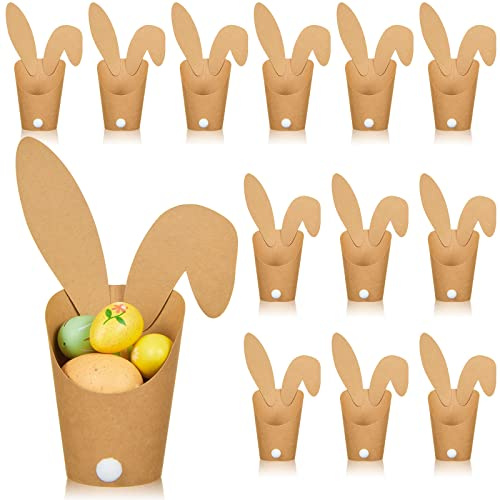 Otuuz 36 Sets Osternester zum Befüllen mit Niedlichen Hasenohren Papier Braune Becher Weiße Plüsch Bälle Doppelseitiger Permanenter Marker Punkt Aufkleber Osternester zum Basteln für Osterdeko