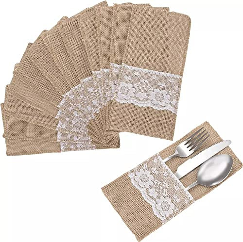 LATRAT 30 Stück Jute Bestecktaschen, Sackleinen Spitze Besteckbeutel Besteckhalter, für Vintage Hochzeit Party Geburtstag Brautdusche Tischdeko