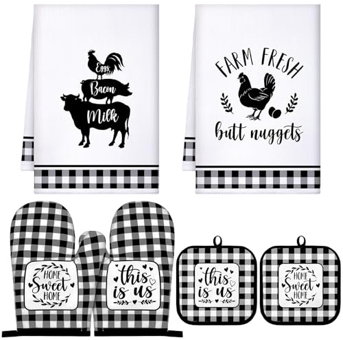 Sratte 6 Pcs Farmhouse Marble Dish Towels Pot Holders and Oven Mitts Sets Pink White and Gold Heat Resistant Kitchen Towels Farm Animal Kitchen Decoration for Baking Cooking Supply(Farm Animal)