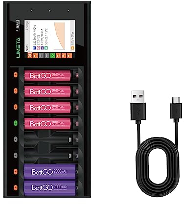 LIMETA Caricabatterie 8 Slot AA AAA per Pile Ricaricabili 1,2V Ni-MH, Ni-Cd, NiZn, LiHv, Indipendente Ricarica Rapida con Funzione Scarica e Display LCD Touch Ingresso USB-C