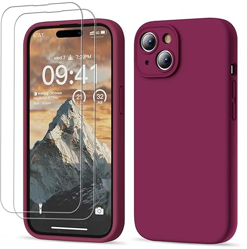 GOODVISH 3 in 1 Silicone Cover per iPhone 15 6.1 (2023), Custodia con 2 Pellicola Protettiva, Case per Cellulare Ultra Sottile Antiurto Resistente [Protezione Fotocamera], Vino Rosso