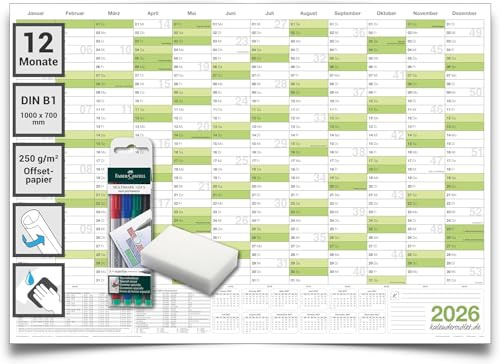 DIN B1 Wandkalender 2026 abwischbar – XXL Jahresplaner 100x70 cm, feucht korrigierbar, inkl. 4 Marker & Schwamm – großer Jahreskalender 2026 auf Deutsch für Büro & Zuhause – Kalenderoutlet