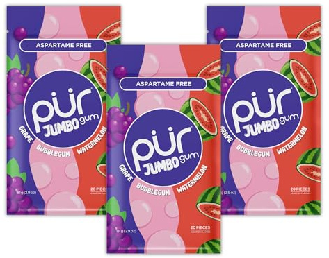PUR Jumbo Gum | Goma de Mascar Sin Aspartamo | Con Xilitol | Sabor Natural Bubblegum, Grape, Watermelon, 20 Piezas (Paquete de 3)