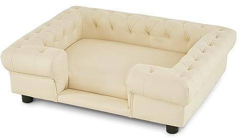 MCombo Faux Leather Dog Couch, Pet Bed for Medium Dogs, Pet Sofa with Small Stairs, 6321 (Cream White)