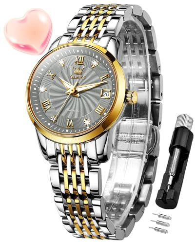 OLEVS Womens Automatic Watch Diamond Fashion Luxury Dress Mechanical Self Winding Stainless Steel Ladies Wrist Watches for Women Luminous Waterproof