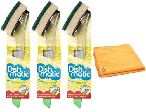 Fillable Washing up Brush with Handle and Zopper Microfiber Cloth -Colour and Design May Vary- Pack of 3 (Design And Color May Vary)