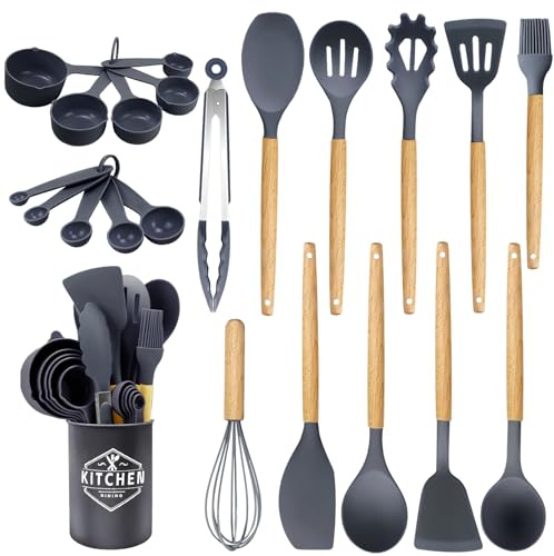 Kawaology Ensemble de 22 ustensiles de cuisine en silicone, set d'ustensiles de cuisine pour casseroles antiadhésives, résistants à la chaleur et antiadhésifs avec manche en bois pour ustensiles sans