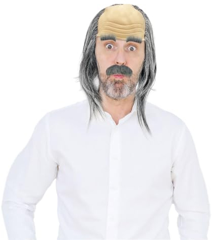 UILYNIU 3 Stück Grau Opa Perücke Set Opa Kostüm Perücke Alter Mann Perücke Verrückter Professor Perücke Schnurrbart Graue Perücke Glatze Herren Perücke für Halloween Karneval Party Cosplay(Grau)
