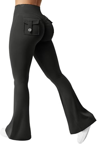 ZAAYO Flare Leggings with Pockets for Women Scrunch Butt Sport Leggings High Waist Bootcut Leggings for Workout Gym Yoga Casual Black Large