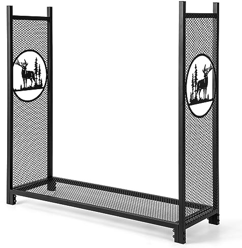 GYMAX Portalegna in Ferro, Supporto per Legna da Ardere, Scaffale per Legna da Camino, per Interni ed Esterni, Grande Capacità per Legna da Fuoco, Nero, 121 x 38 x 117 cm