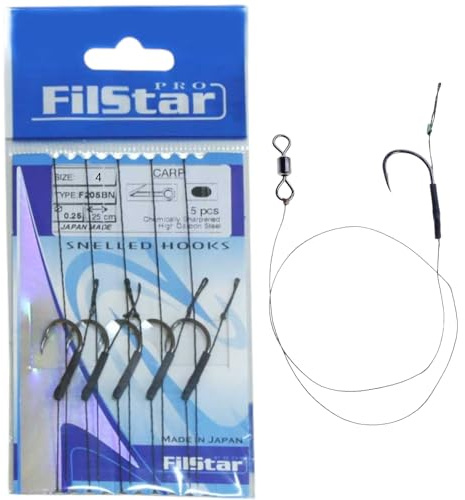 PRO FILSTAR Angelhaken Set 5 Stück, N4 mit Vorfach 25cm & Angelwirbel | Flechtschnur - Angeln Karpfen Zubehör - Fishing Hook CARP - Boilies & Pellet Haken - Sport Set - Carp Rig – Vorfachschnur