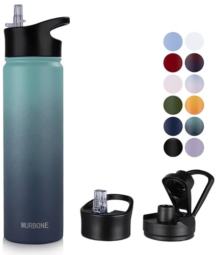 MURBONE Edelstahl Trinkflasche 750ml (+2 Deckel)-mit Strohhalm,BPA frei,Thermosflasche Auslaufsicher,Kohlensäure Geeignet,Thermoskanne Vakuum Doppelwandisolierung für Sport, Reisen, Camping