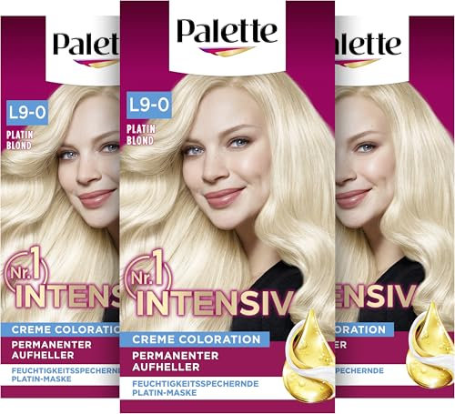 Palette Intensiv Creme Coloration L9-0 Platin Blond (3 x 135 ml), Permanenter Aufheller für bis zu 9 Stufen Aufhellung und strahlende, blonde Haarfarbe, mit Anti-Gelbstich-Effekt
