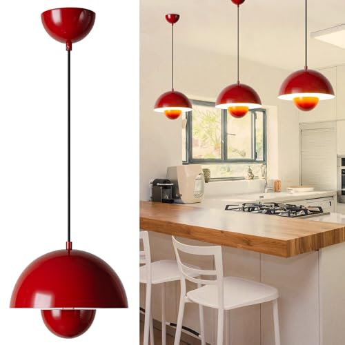 INJAK Modern Pendant Lights Kitchen Island-Flower Pot Ceiling Lamps for Living Room-Kitchen Island Lighting-Hardwired Chandelier for Bedroom Industrial Closed to Ceiling Lights Fixture-Red