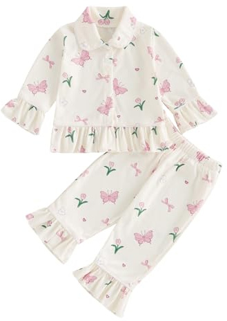 Toddler Kid Baby Girls 2Pcs Pajama Set Strawberry/Butterfly Print Sleepwear Spring Autumn Long Sleeve Ruffle Shirt Top Long Pants