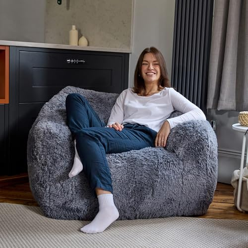 Icon Aspen Sitzsack Sessel, Dunkelgrau, Kunstfell Stoff, Riesen Sitzsack für Erwachsene mit Füllung, Bequemer Sessel, Wohnzimmer, Schlafzimmer