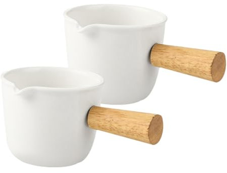 Cabilock Pichet à Café En Porcelaine Blanc 2 Pièces, Mini Pichet à Sauce Manche En Bois, Crémier Polyvalent Pour Café Expresso, Lait Moussé Et Condiments, Adapté Au Service Cuisine