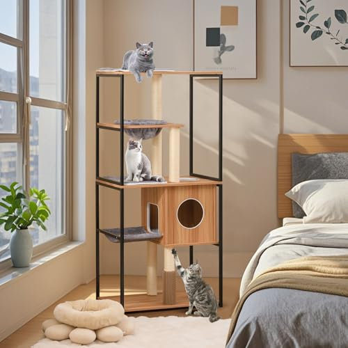 GOPLUS Arbre a Chat avec Cadre en Métal, Arbre Chat Design à 5 Niveaux avec Perchoir Rembourré, Plateformes Spacieuses, Hamac, Griffoirs, Auto-Toiletteur, pour Chats, 75x45x160cm